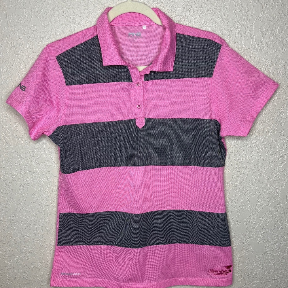 Ping Pink Gray Stripe Golf Pickleball Tennis Polo Shirt Top Women's Size Large
